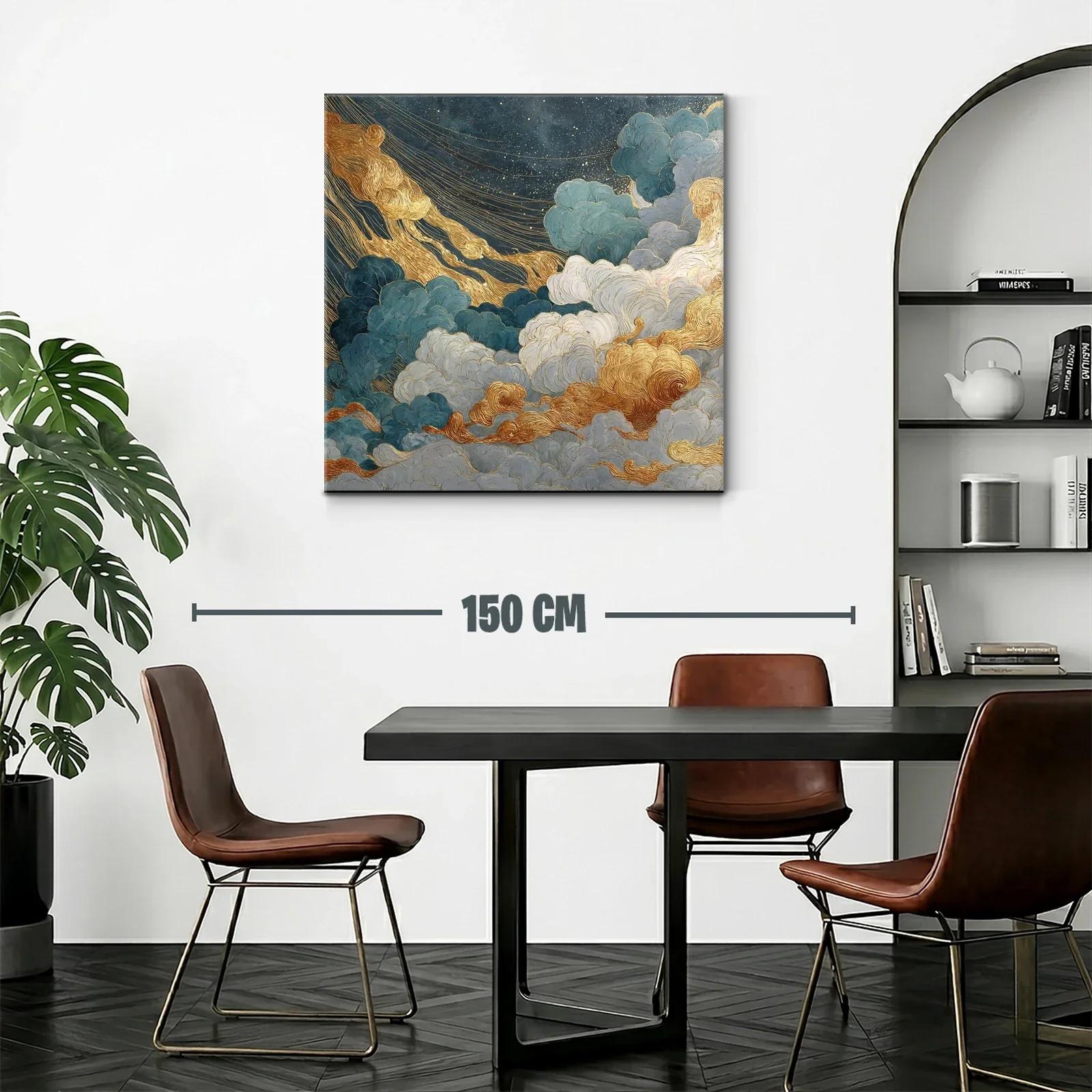 Cuadro abstracto de nubes doradas y azules con estrellas — miniatura 2