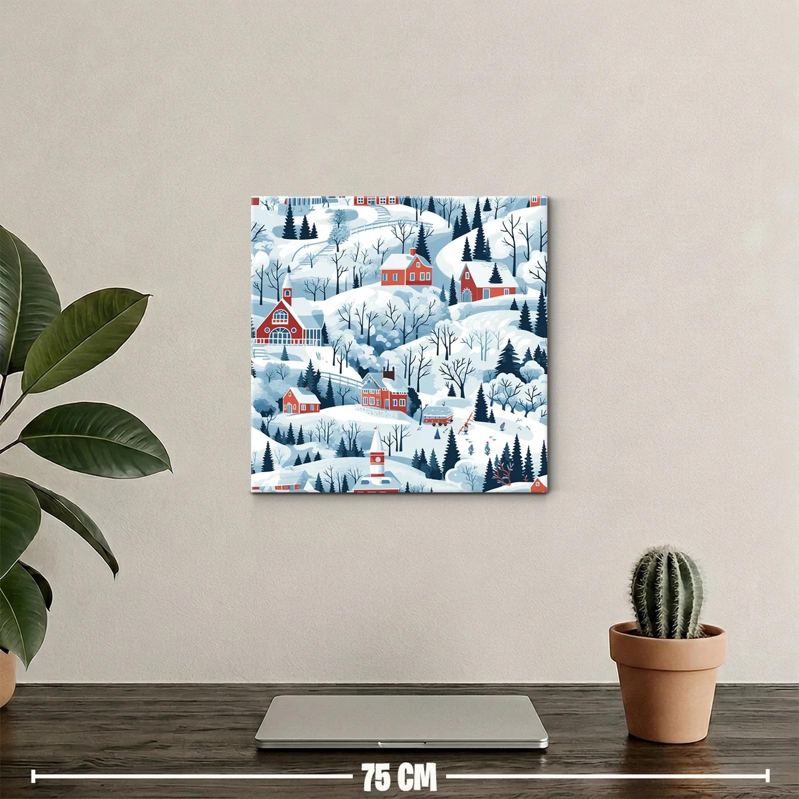 Paisaje invernal con casas rojas en colinas nevadas — miniatura 2