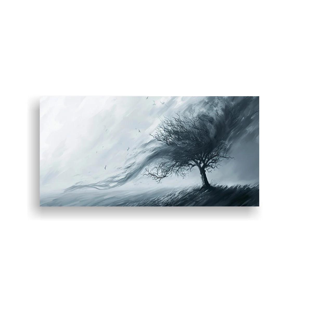 Cuadro árbol inclinado por el viento con trazos fluidos