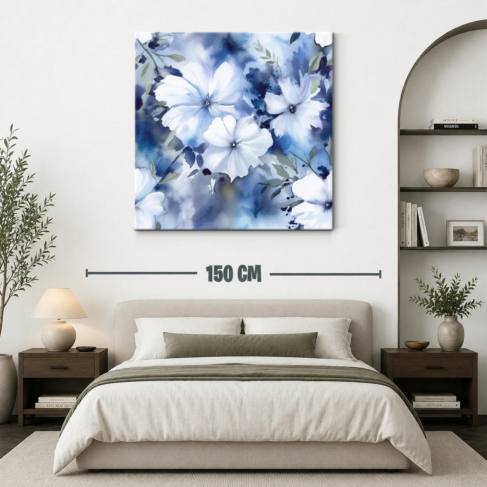 Flores blancas sobre fondo azul en acuarela delicada — miniatura 3