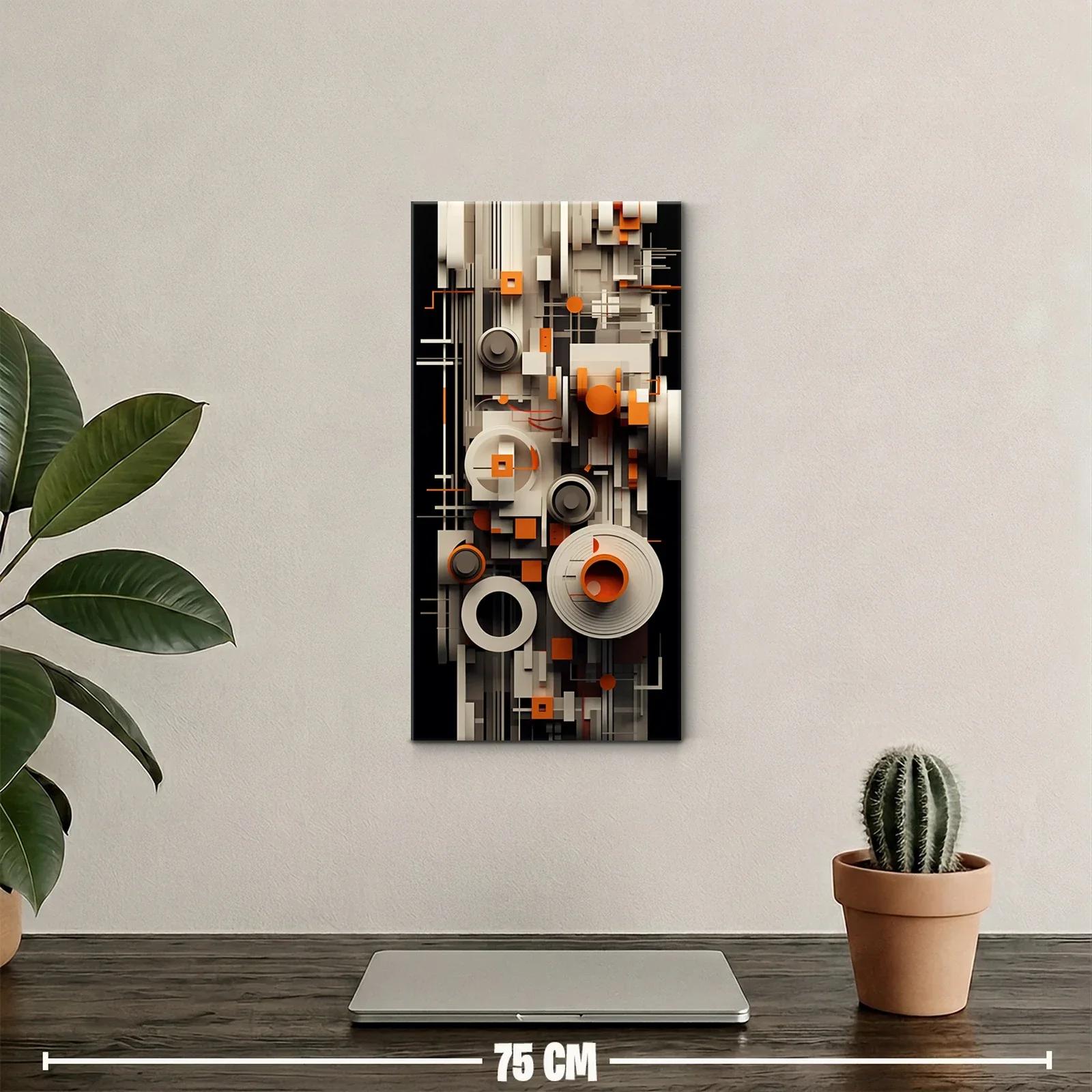 Cuadro abstracto de círculos y rectángulos con acentos naranjas — miniatura 2