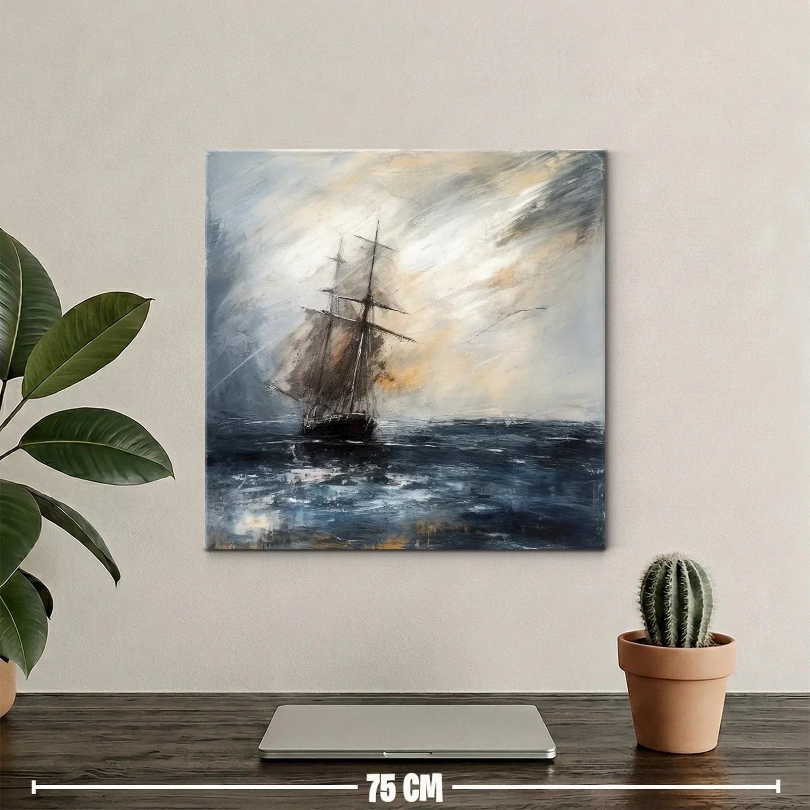 Velero en mar tempestuoso con cielo nublado y luz tenue — miniatura 2