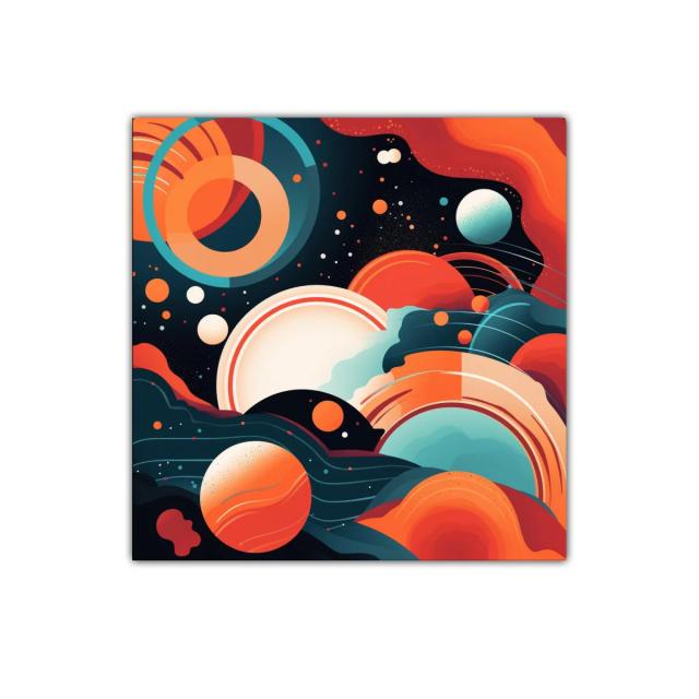 Composición abstracta con formas planetarias y colores vibrantes