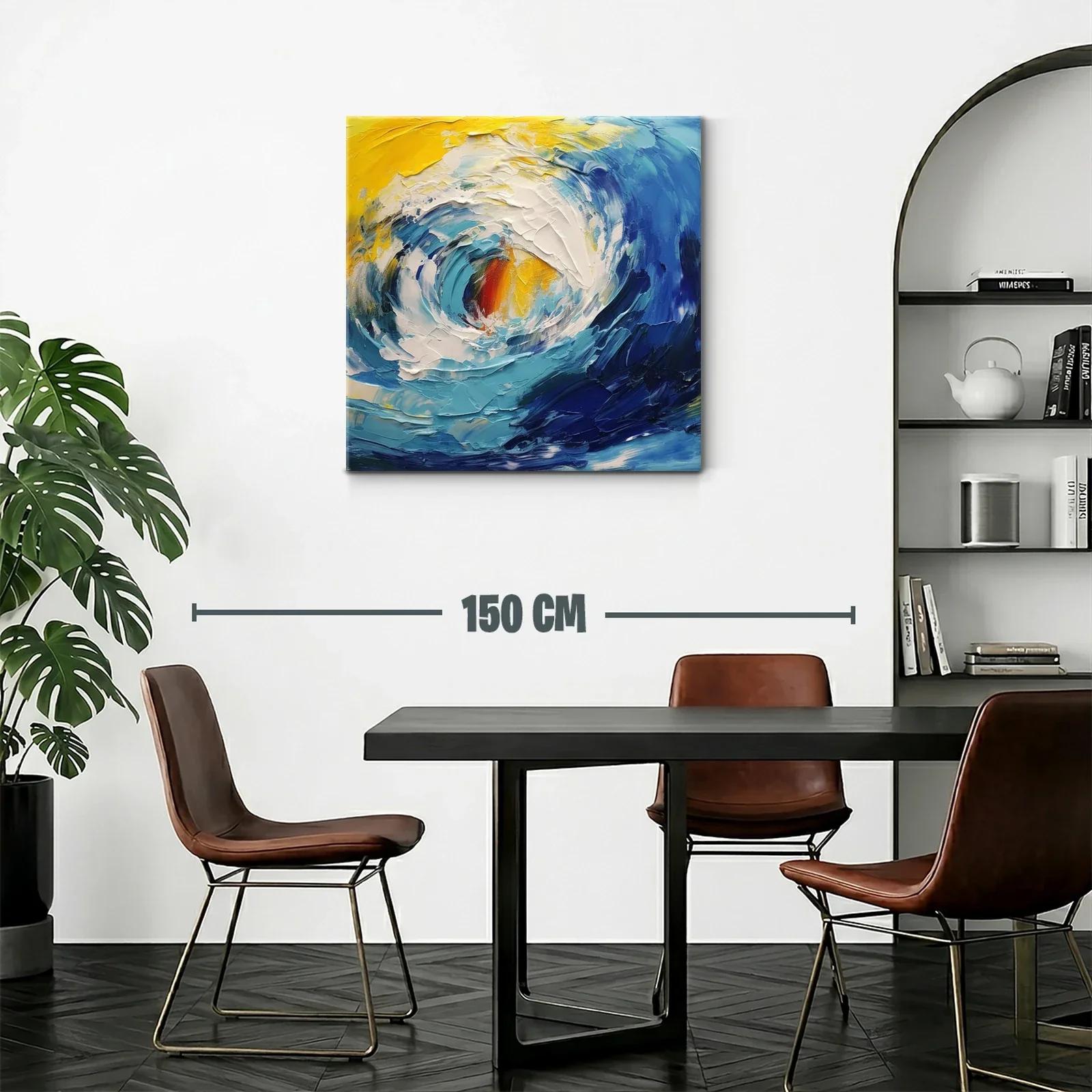 Cuadro abstracto de oleaje dinámico en tonos azul y amarillo — miniatura 2
