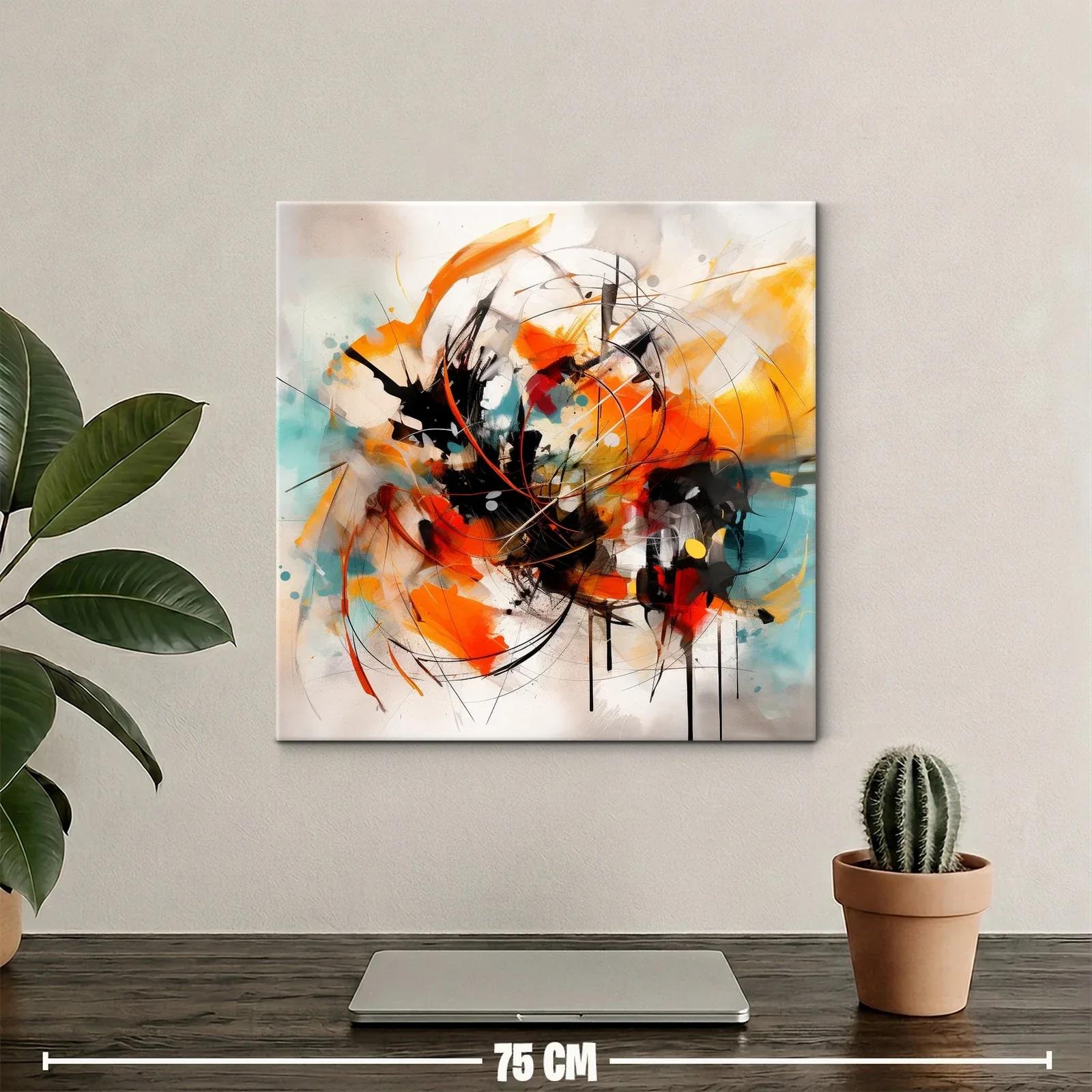 Cuadro abstracto con trazos vibrantes en naranja y turquesa — miniatura 2
