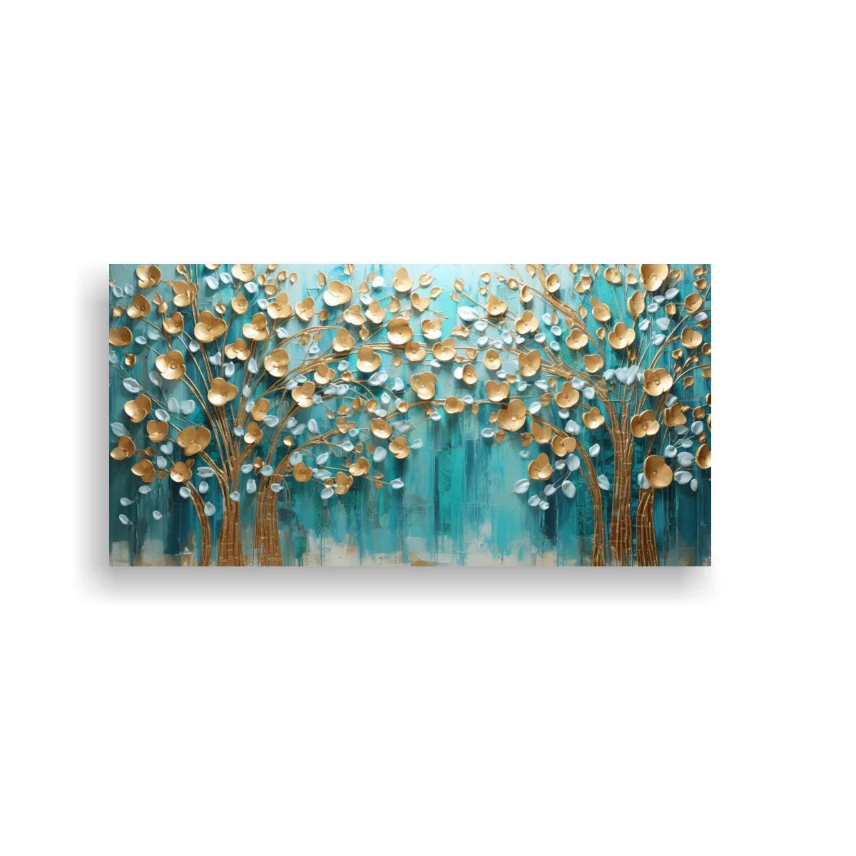 Cuadro bosque de hojas doradas con fondo turquesa
