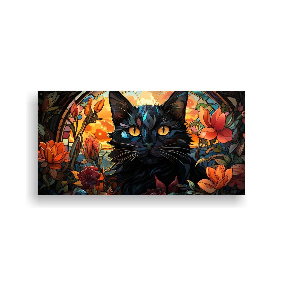 Cuadro gato negro de ojos azules con fondo cálido resplandeciente
