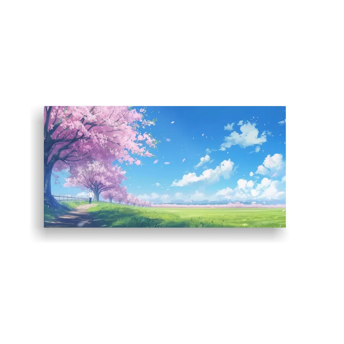 Cuadro árbol en flor rosa con pradera y cielo abierto