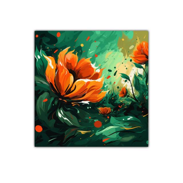 Cuadro decorativo con flores naranja vibrante y fondo verde