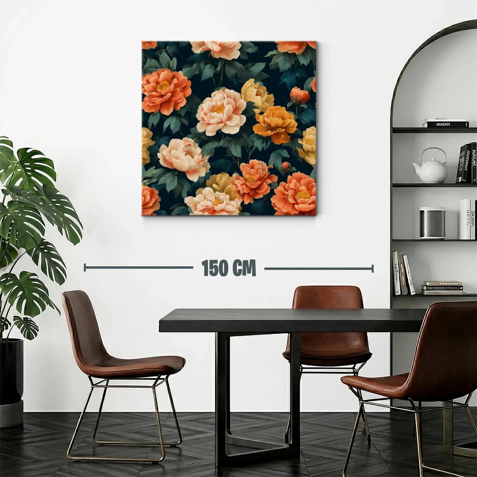 Cuadro floral con peonías en tonos cálidos y fondo oscuro — miniatura 2