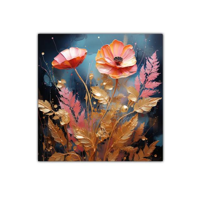 Cuadro floral vibrante con tonos dorados y rosados