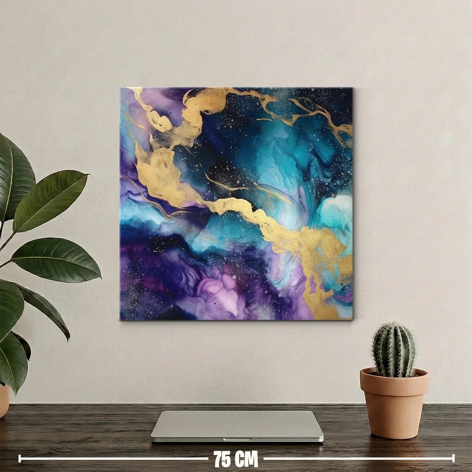 Cuadro abstracto con tonos azulados y dorados vibrantes — miniatura 2