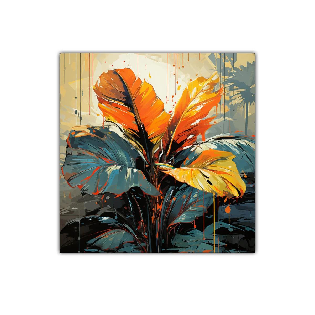 Cuadro decorativo con hojas vibrantes en tonos naranja y azul — imagen principal