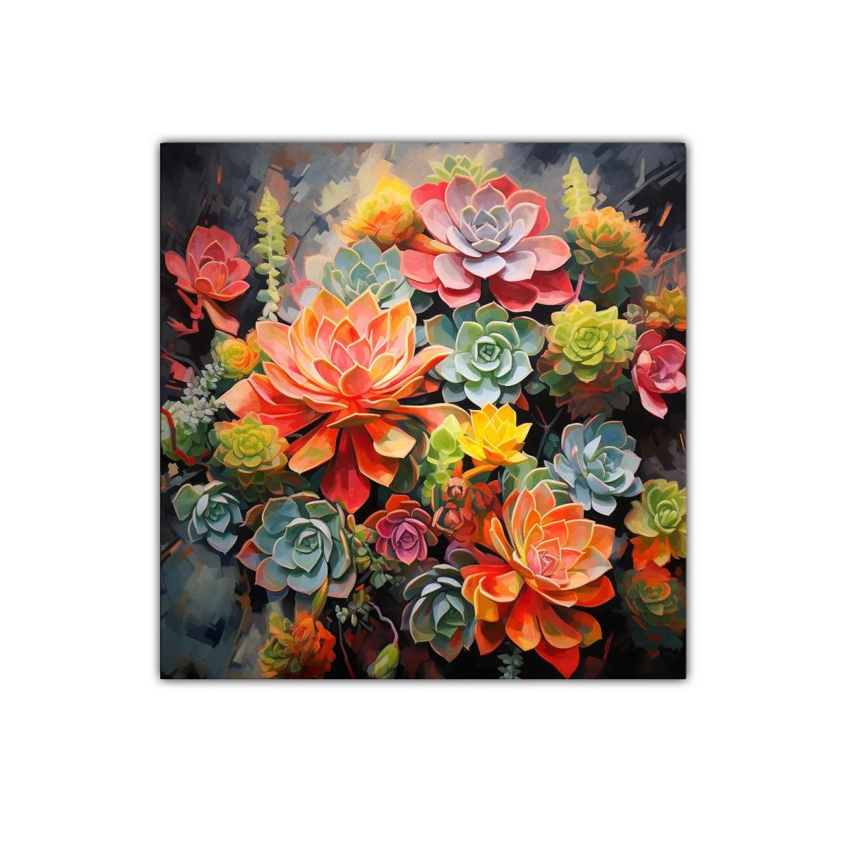 Cuadro floral vibrante con suculentas en tonos cálidos y verdes — imagen principal