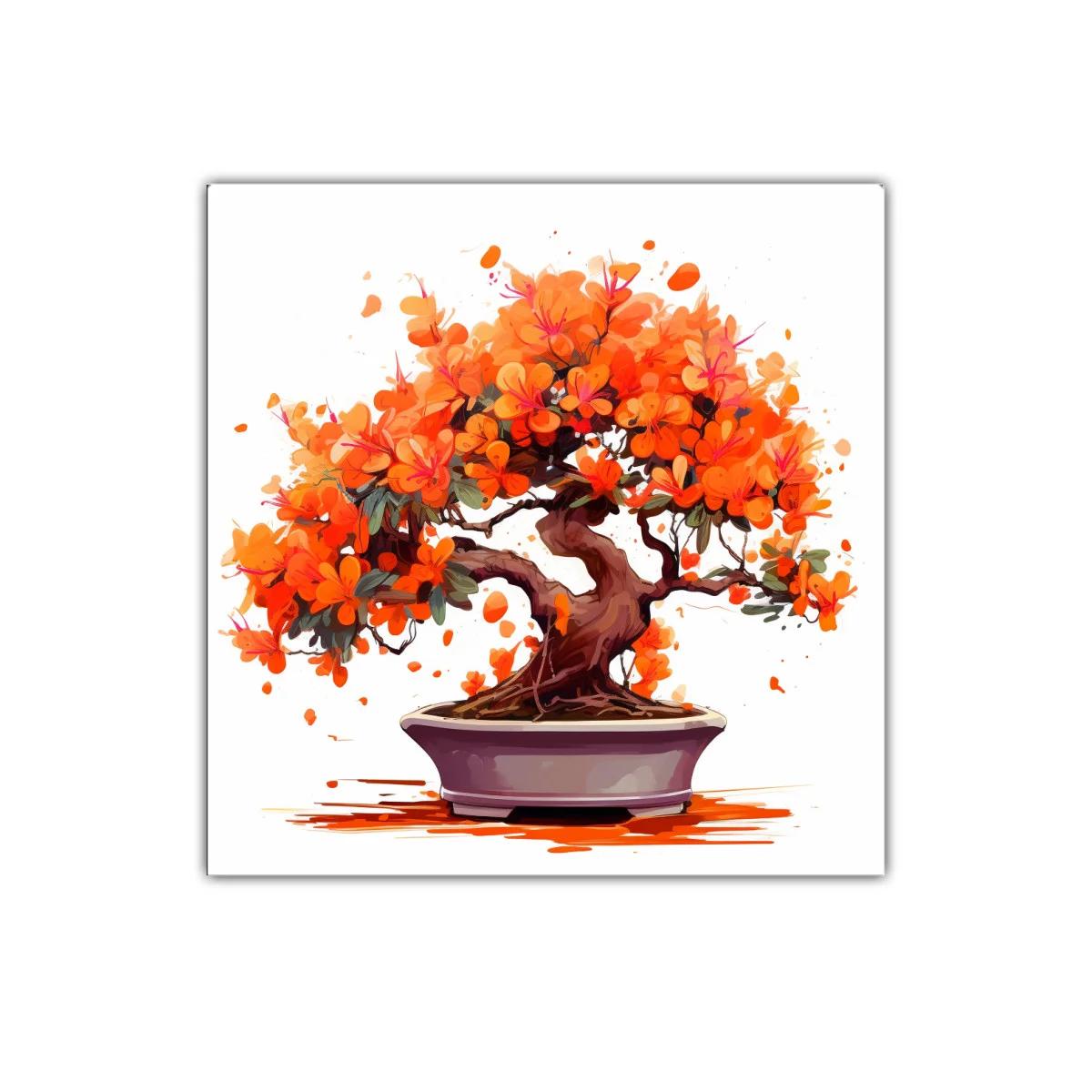 Cuadro decorativo con bonsái de flores naranjas vibrantes — miniatura 1