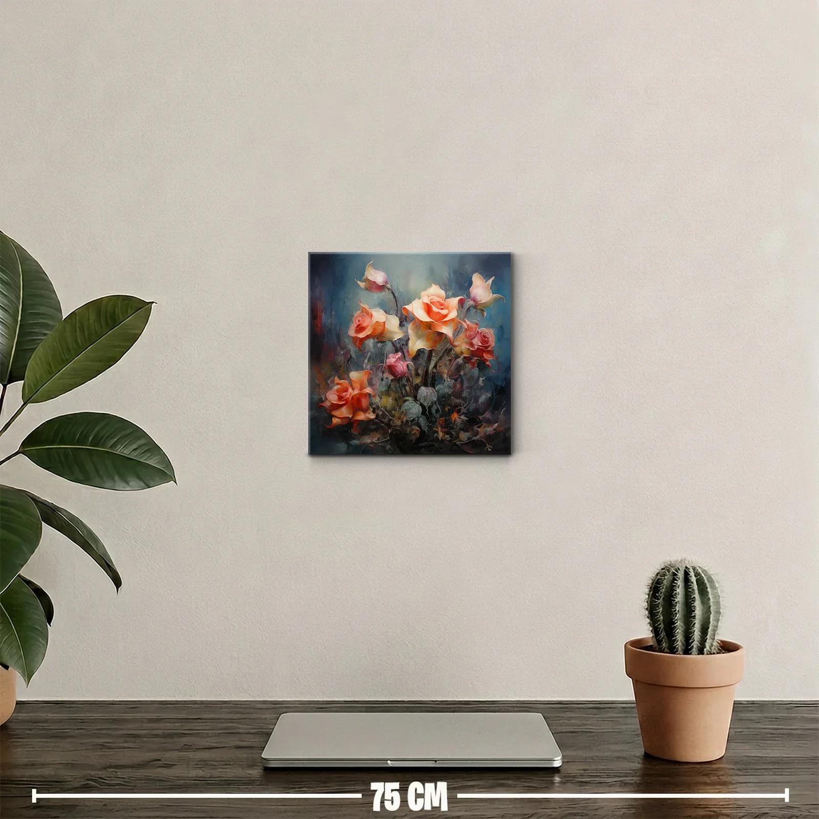 Cuadro decorativo con flores en tonos cálidos y fondo oscuro — miniatura 2