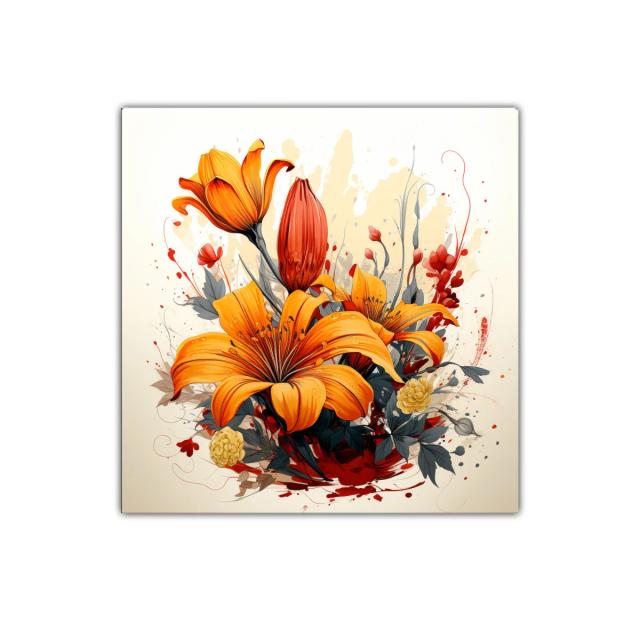 Cuadro decorativo con flores naranjas vibrantes y hojas sombreadas