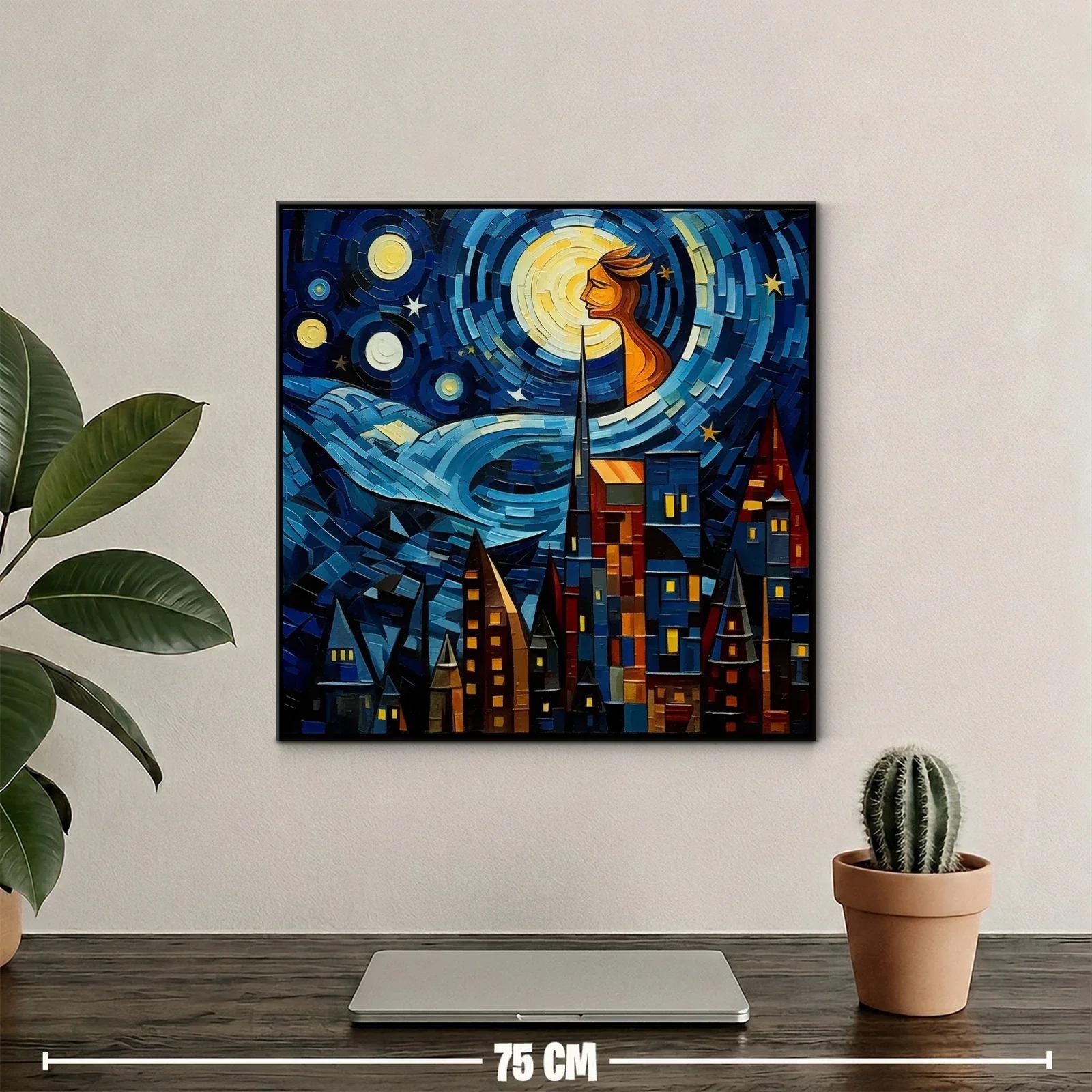 Paisaje urbano bajo un cielo estrellado con figura luminosa — miniatura 2