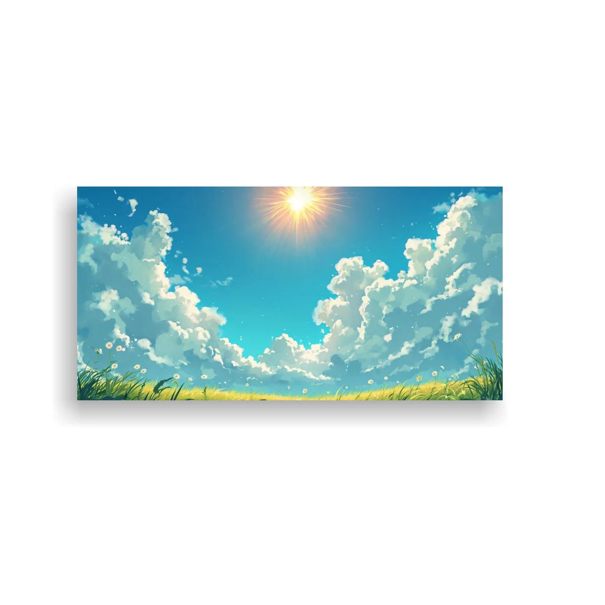 Cuadro cielo soleado con nubes y pradera luminosa