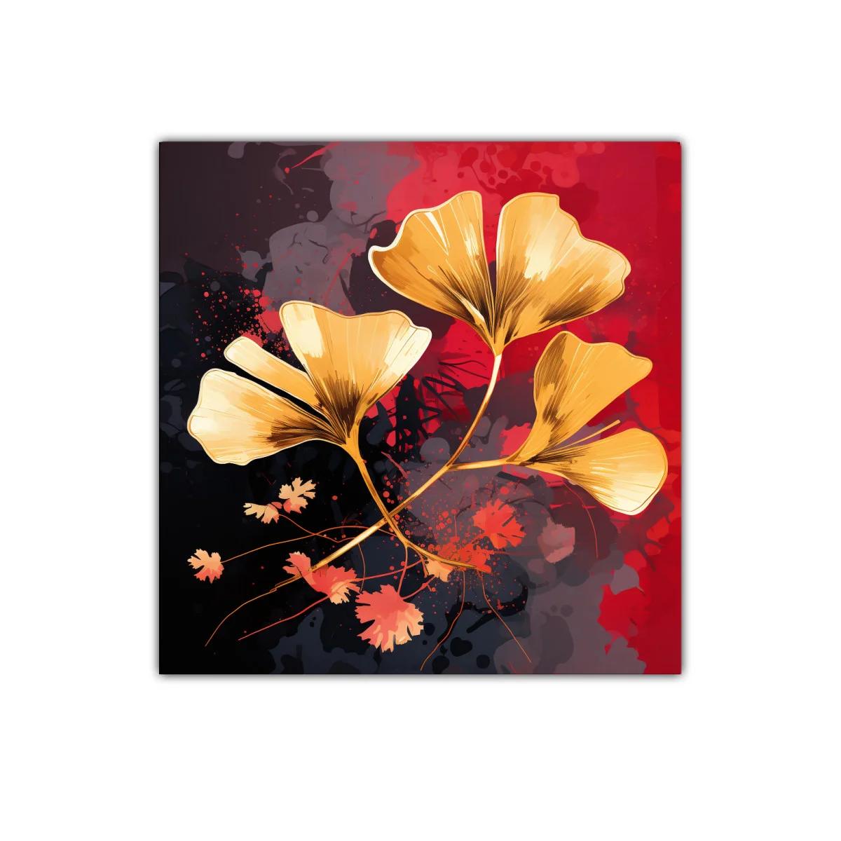 Cuadro de hojas doradas sobre fondo rojo y negro vibrante — imagen principal