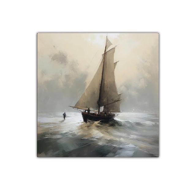 Velero navegando en mar sereno con atmósfera brumosa