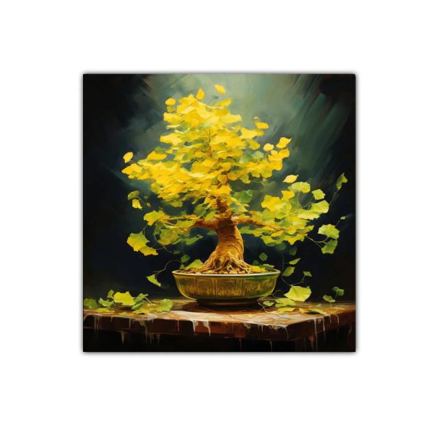 Árbol bonsái con hojas doradas vibrantes sobre mesa rústica