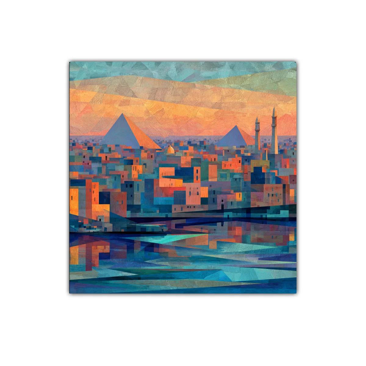 Atardecer sobre ciudad con pirámides y reflejos en agua — imagen principal