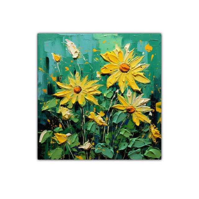 Cuadro vibrante con flores amarillas sobre fondo verde intenso