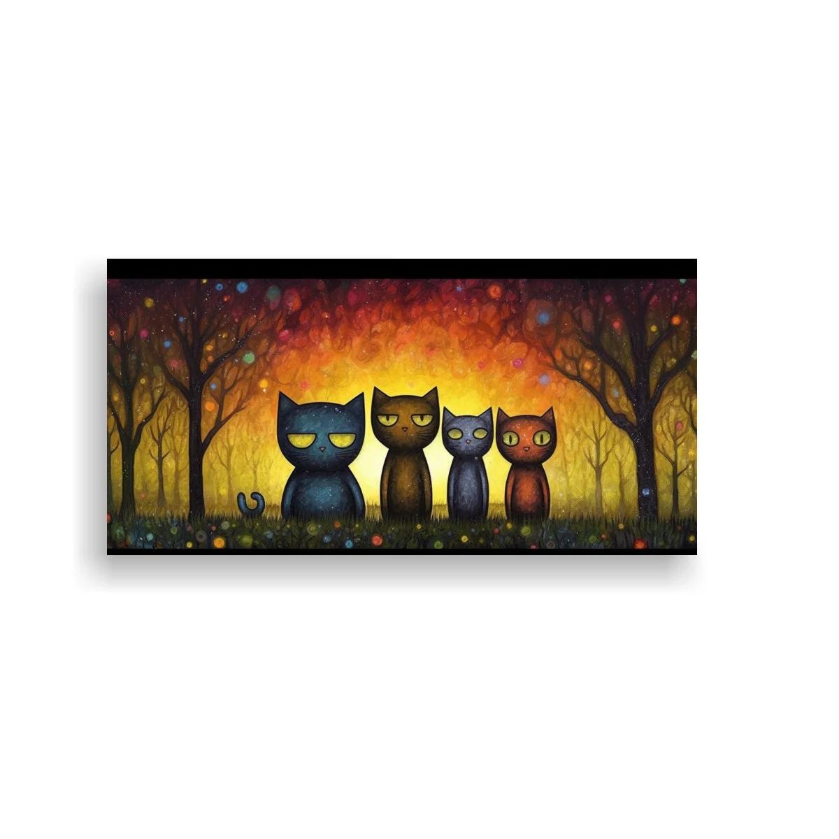 Cuadro cuatro gatos con cola curvada y bosque iluminado