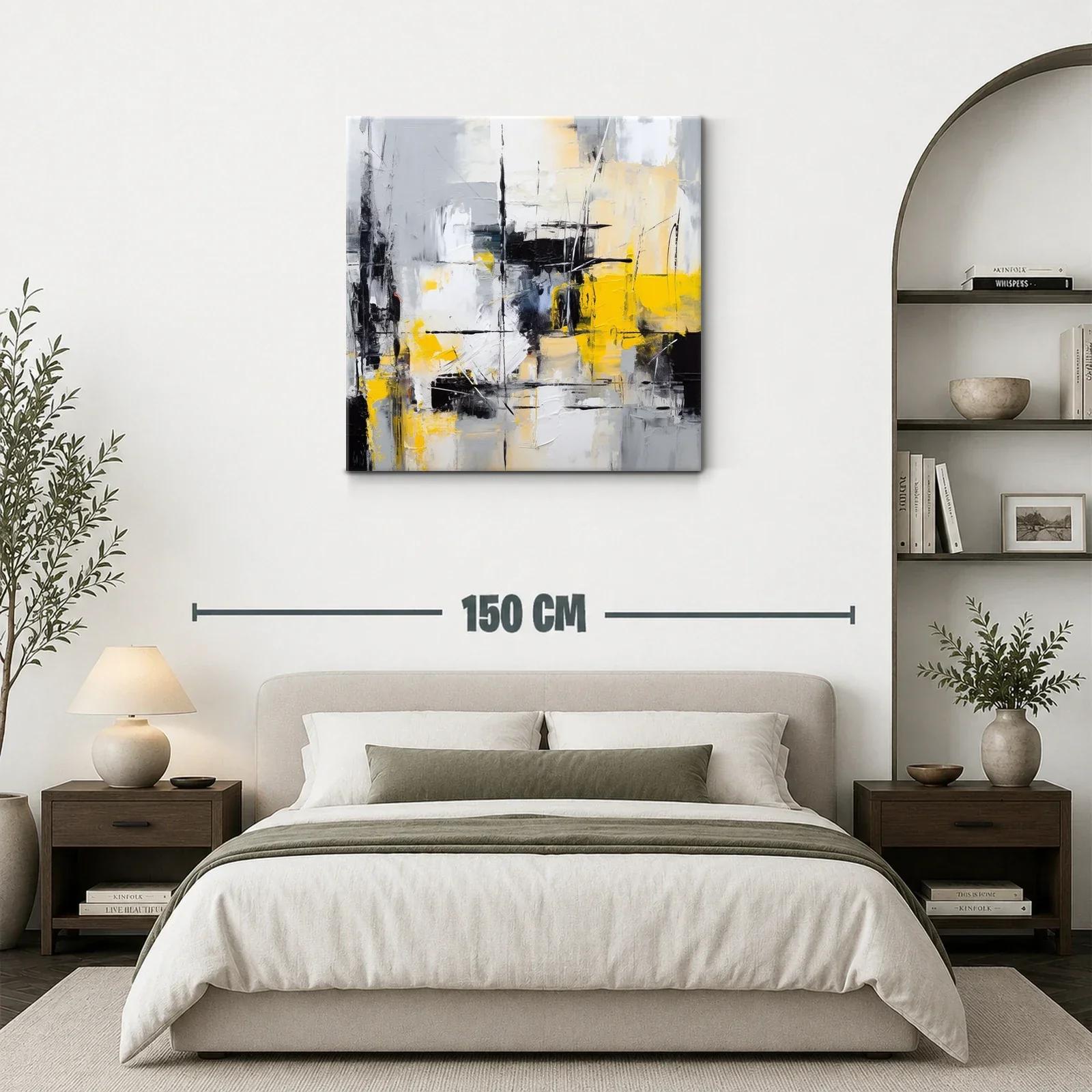 Cuadro abstracto con tonos grises, negros y amarillo vibrante — miniatura 3