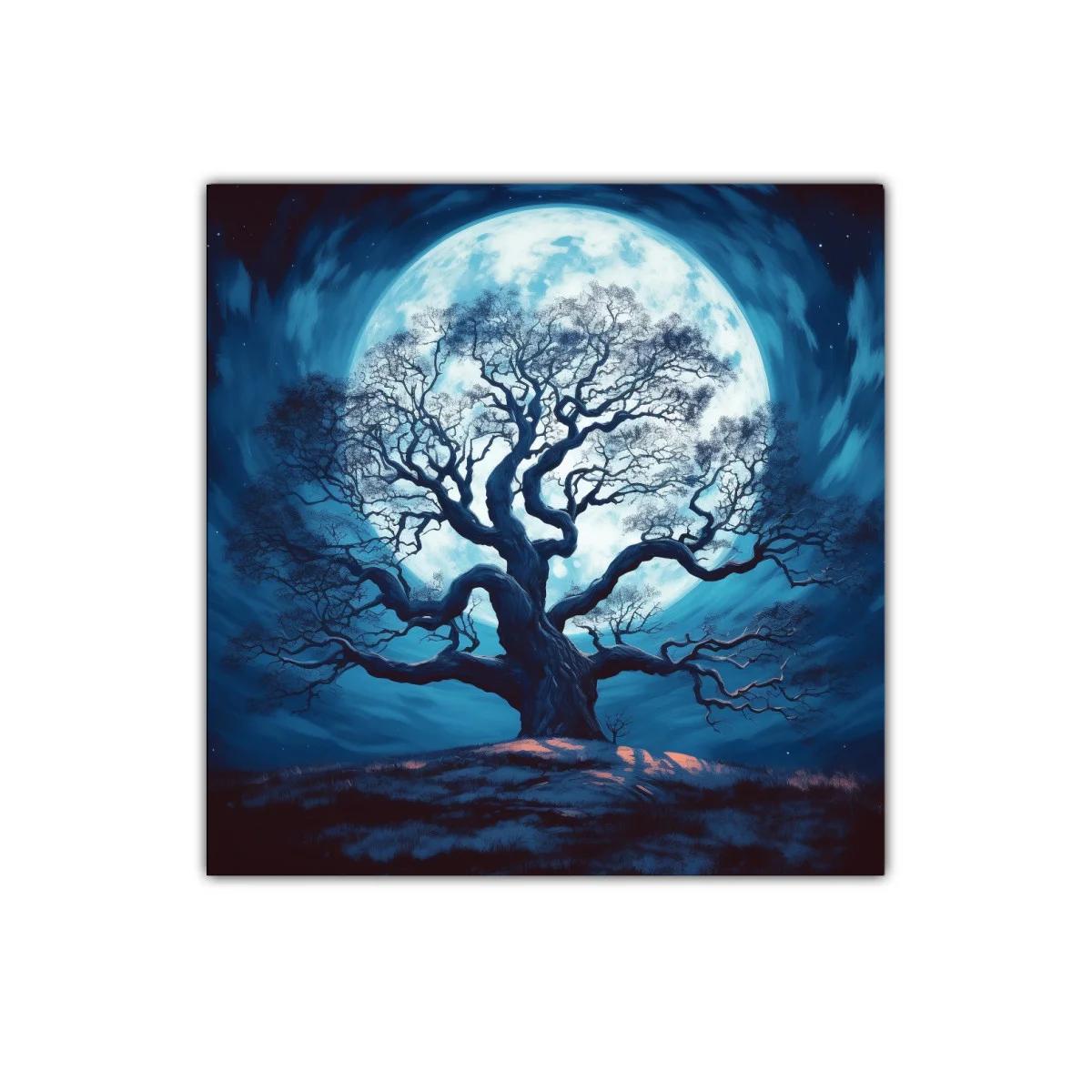 Árbol solitario frente a luna llena azul vibrante — imagen principal