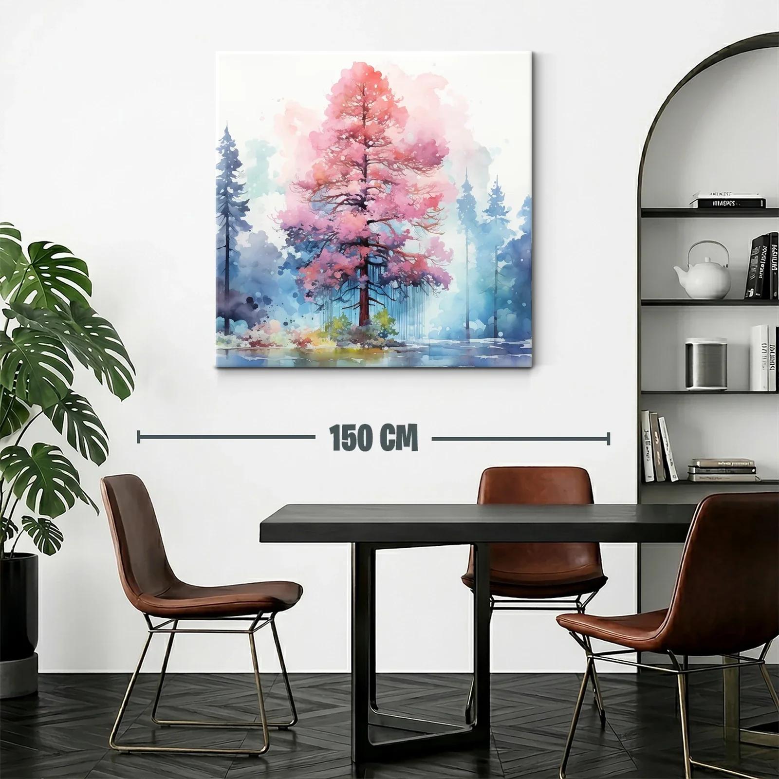 Árbol en tonos rosas vibrantes con fondo de bosque azul — miniatura 2