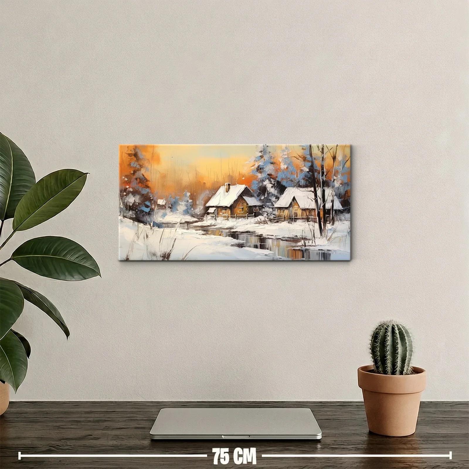 Cuadro cabañas nevadas con árboles y agua — miniatura 2
