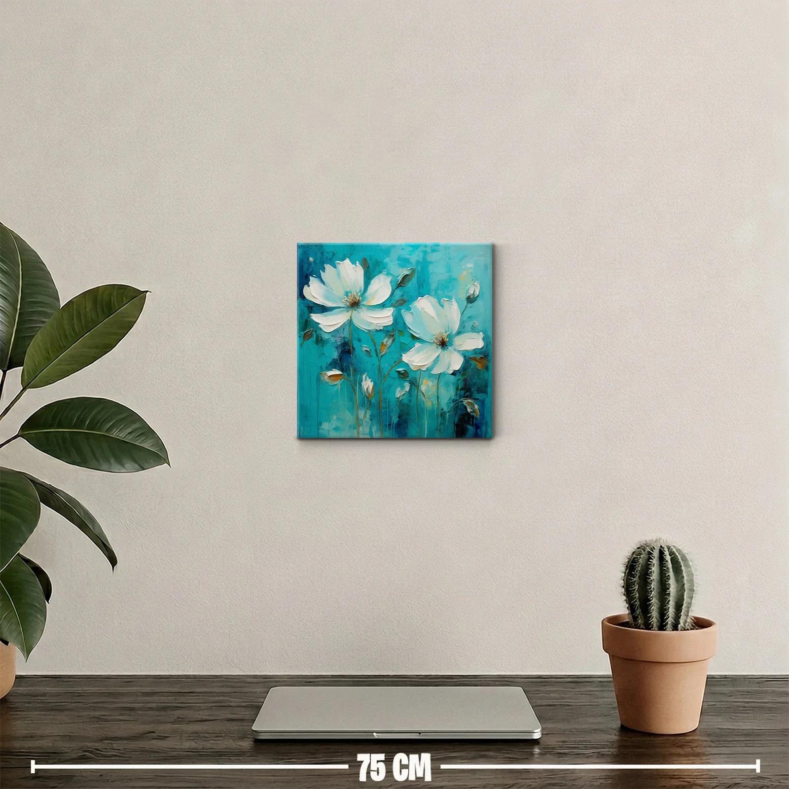 Cuadro floral con flores blancas sobre fondo azul turquesa — miniatura 2
