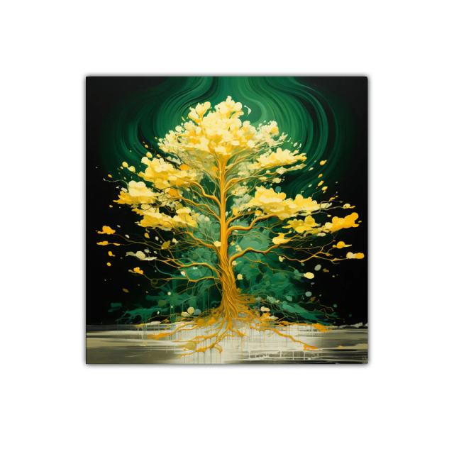 Árbol luminoso con tonos dorados sobre fondo verde oscuro