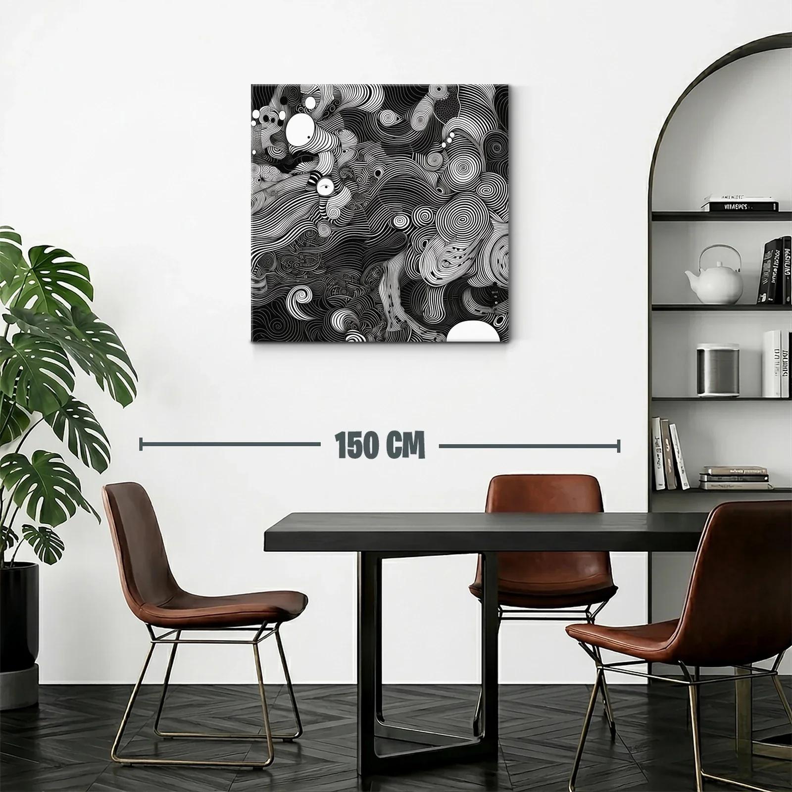 Cuadro abstracto en blanco y negro con líneas onduladas y espirales — miniatura 2