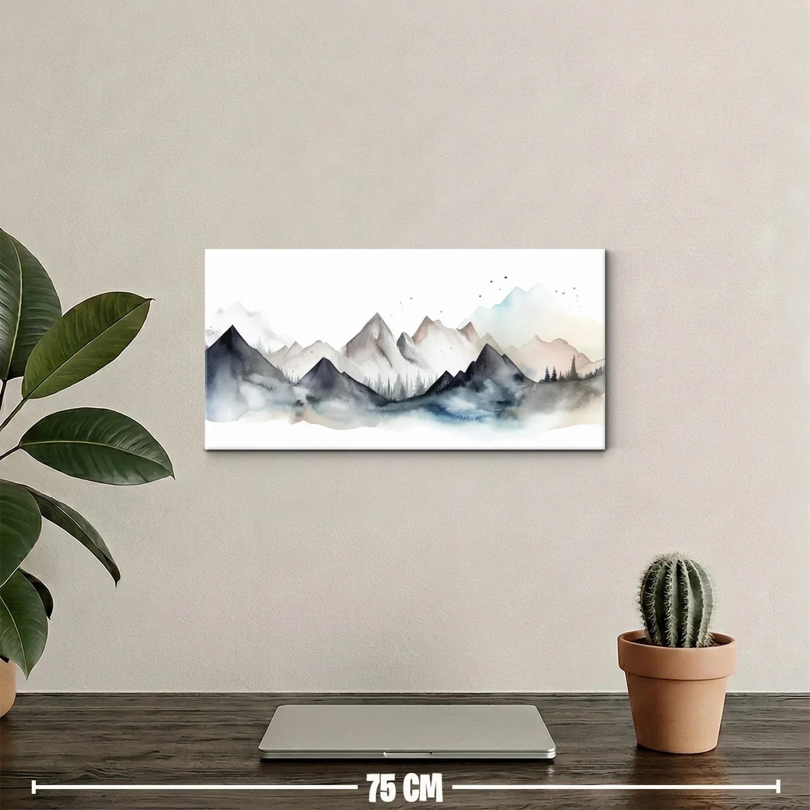 Cuadro cordillera de montañas con pinos y salpicaduras sutiles — miniatura 2