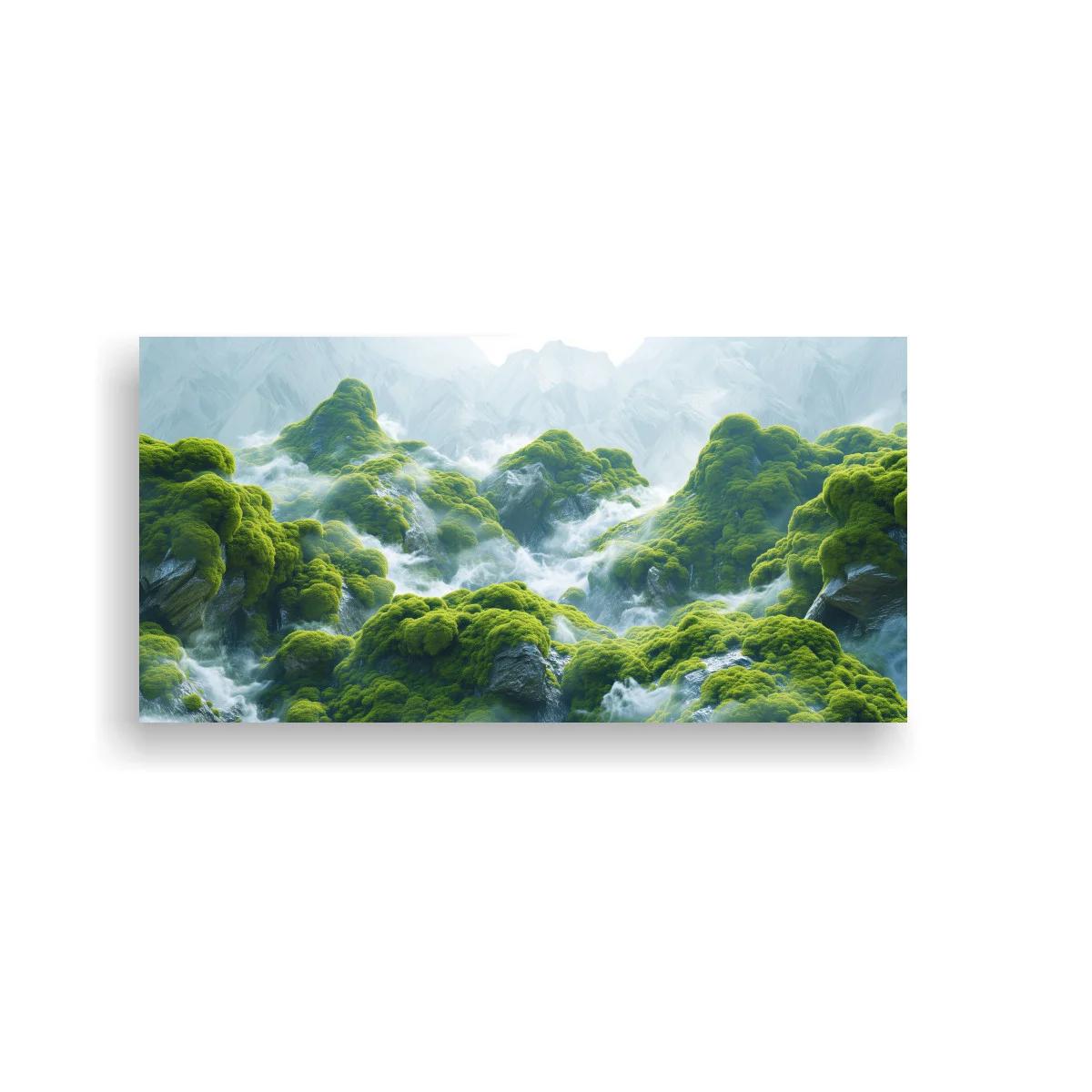 Cuadro montañas verdes con cascadas y bruma
