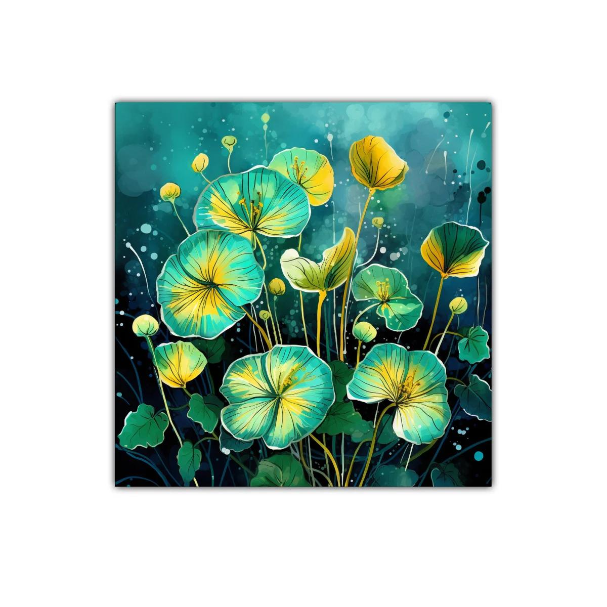 Cuadro decorativo con flores en tonos turquesa y amarillo