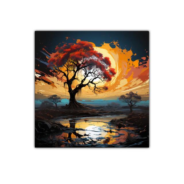 Atardecer vibrante con árbol y reflejo en estanque