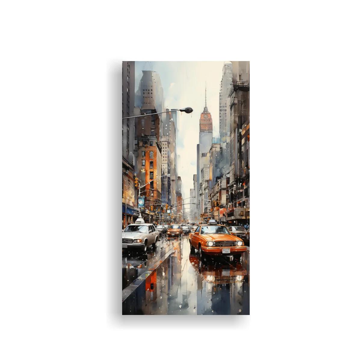 Cuadro avenida lluviosa con taxis y reflejos urbanos