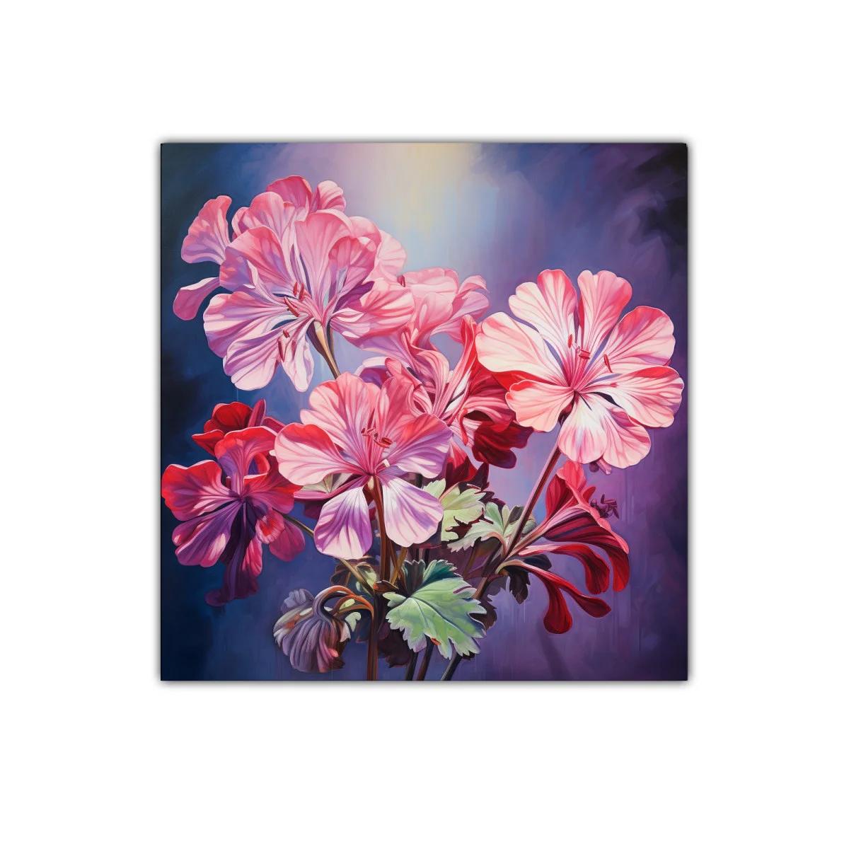 Cuadro floral con geranios en tonos rosas y morados — imagen principal