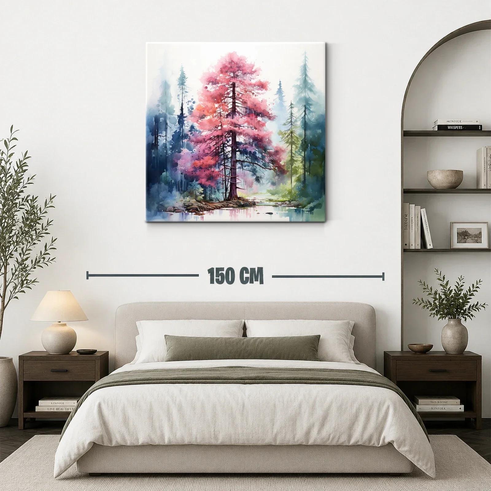Bosque encantado con árbol rosa en paisaje sereno — miniatura 3