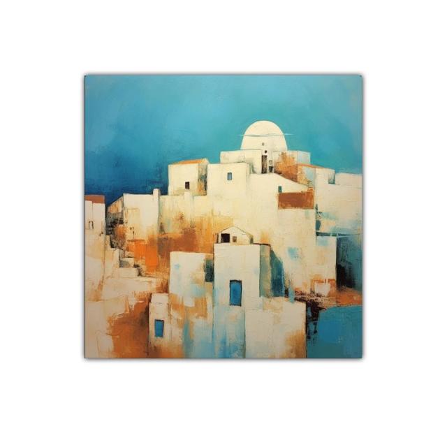 Pueblo Mediterráneo con Dominio del Azul y Tonos Cálidos