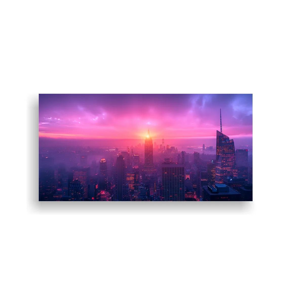 Cuadro skyline urbano al atardecer con horizonte luminoso — imagen principal