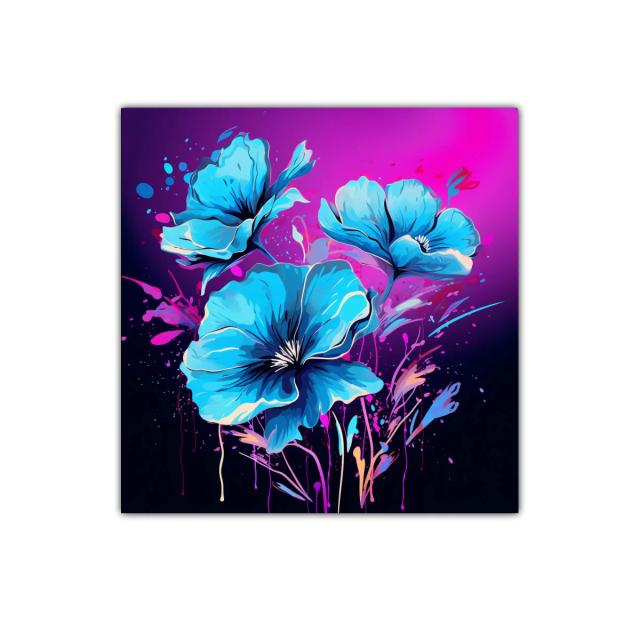 Cuadro decorativo con flores azules vibrantes sobre fondo púrpura
