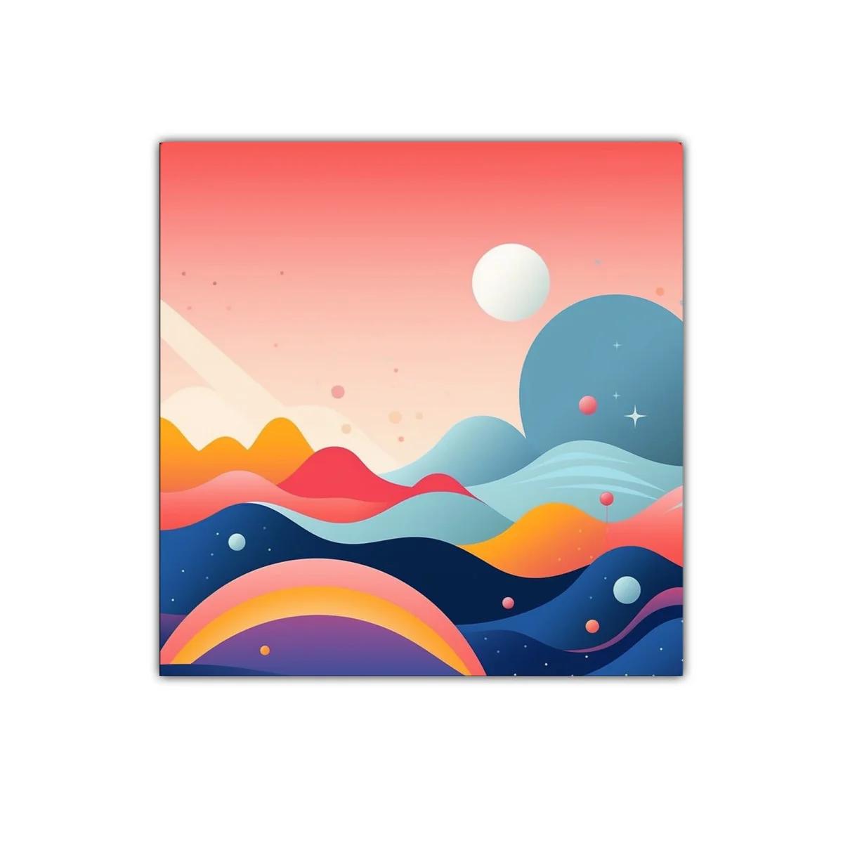 Cuadro abstracto con montañas y planetas en tonos vibrantes — imagen principal