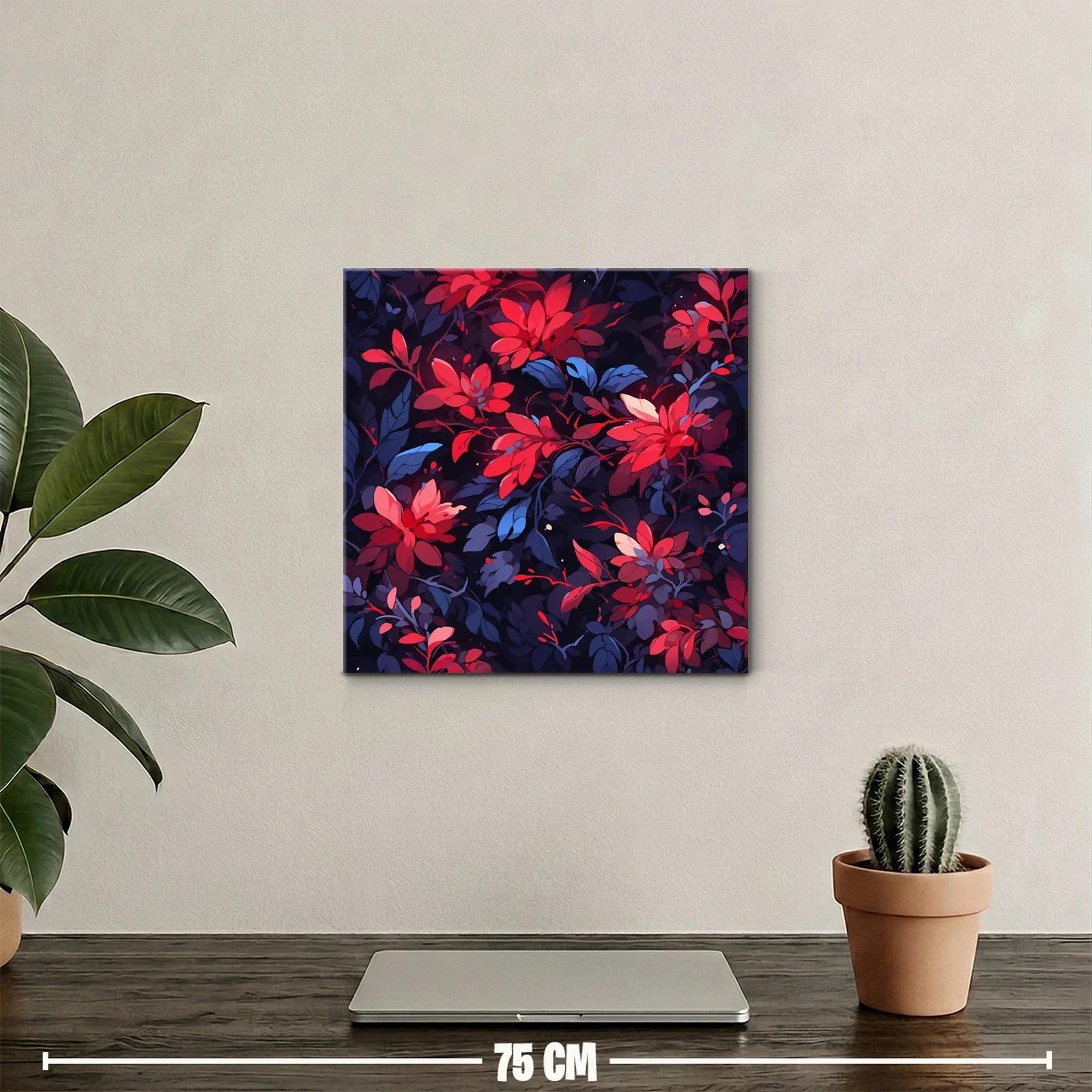 Cuadro floral vibrante en tonos rojos y azul oscuro — miniatura 2