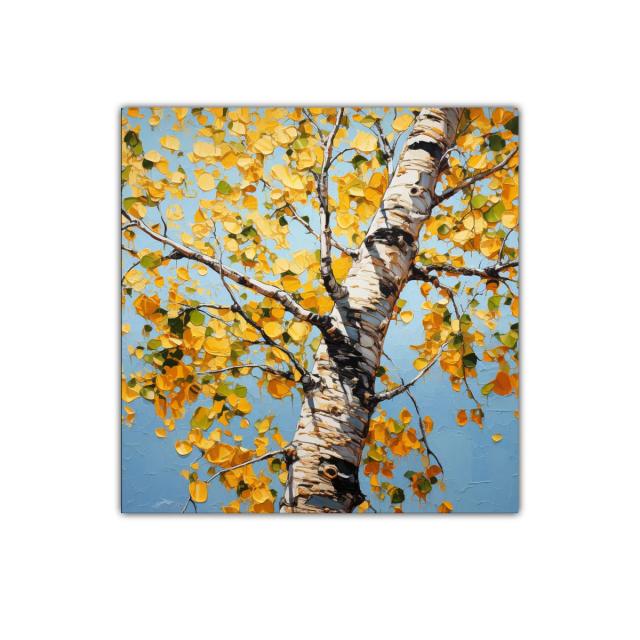 Tronco de abedul con hojas doradas en otoño