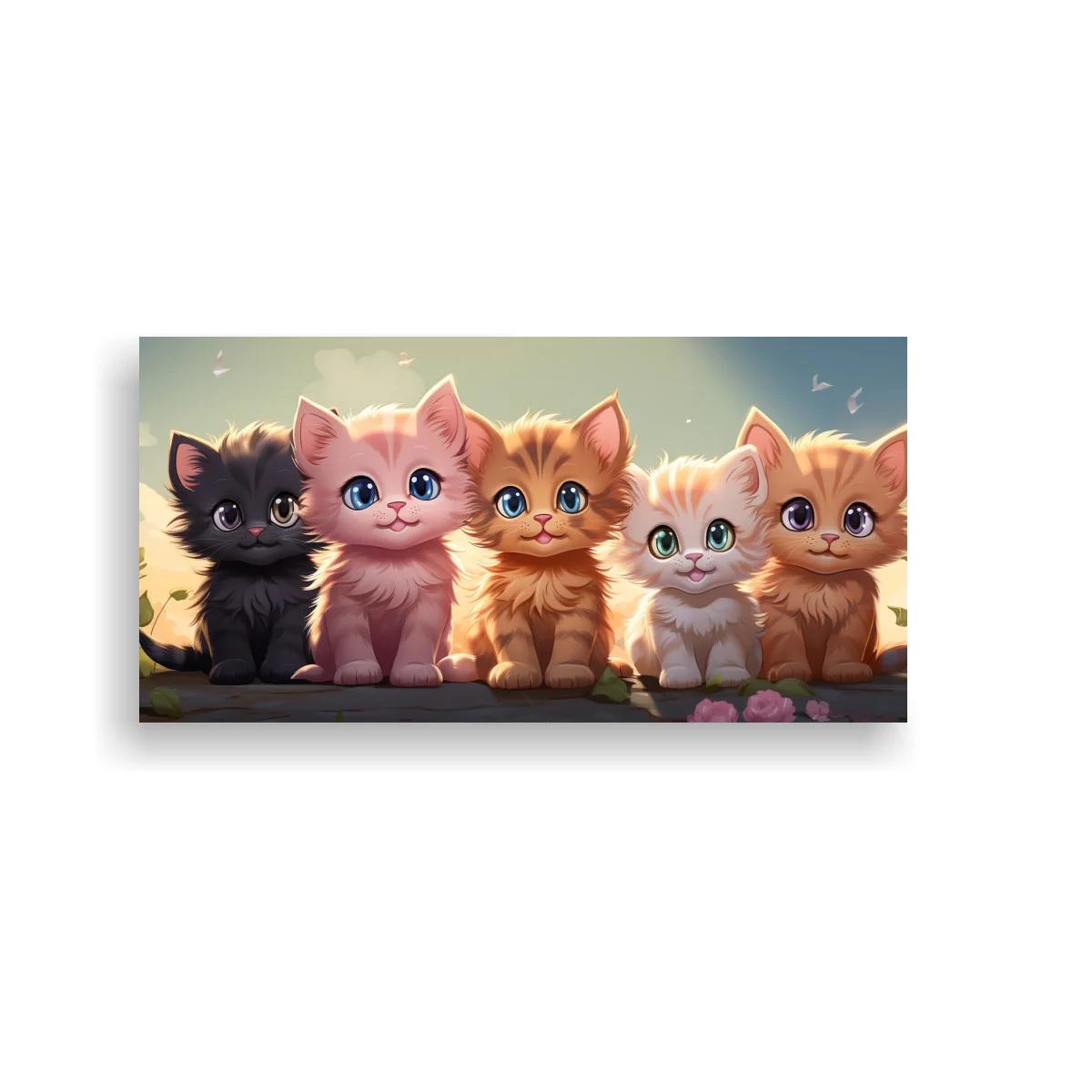 Cuadro cinco gatitos con pelaje esponjoso y flores rosas